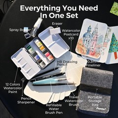 Travel Watercolor Set, 12-Color Paint, 10 Premium Postcards, Brush, Brush Pen…
