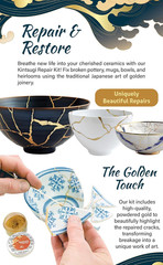 Kintsugi Repair Kit for Ceramics, Kintsugi Japanese Pottery Repair Kit W/Practic