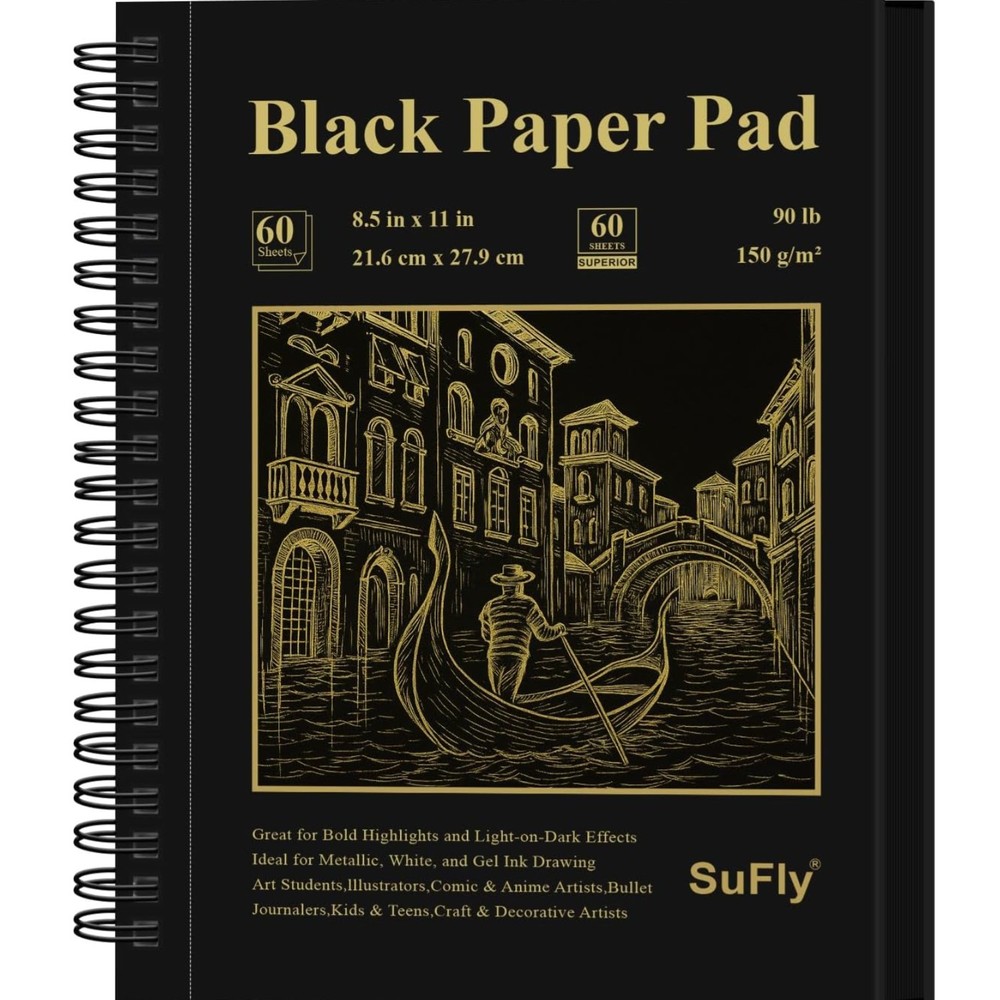 Black Paper Sketch Pad, 60 Sheets Spiral Sketch Book 8.5 x 11, 90lb/150gsm Bl…