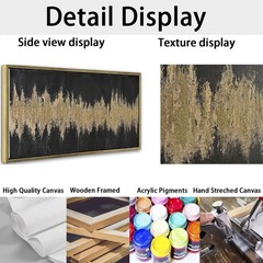 24″x48″ Framed Black and Gold Abstract Sound Wave Textured Wall Art, Minimali…