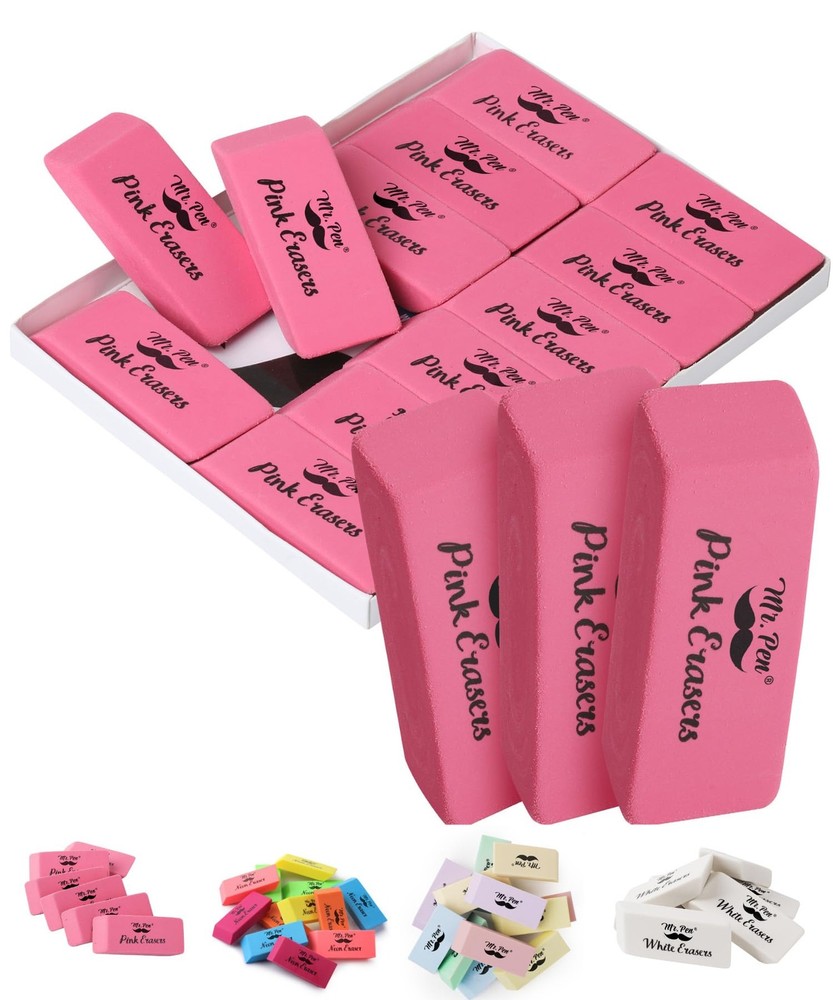 Mr. Pen- Pink Pencil Eraser, 12 Pack, Large Latex Free Block 12