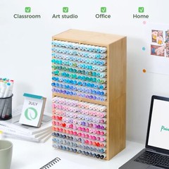 Ohuhu Bamboo Marker Organizer, Wooden Desktop Storage Hold 126 Markers for Home
