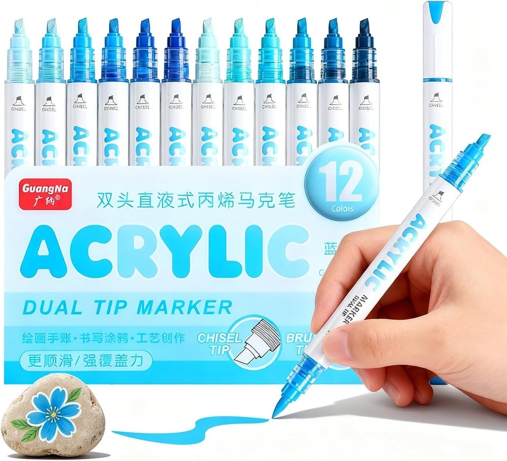 12 Colors Dual Tip Acrylic Paint Pens – Brush & Chisel Tip Acrylic Markers