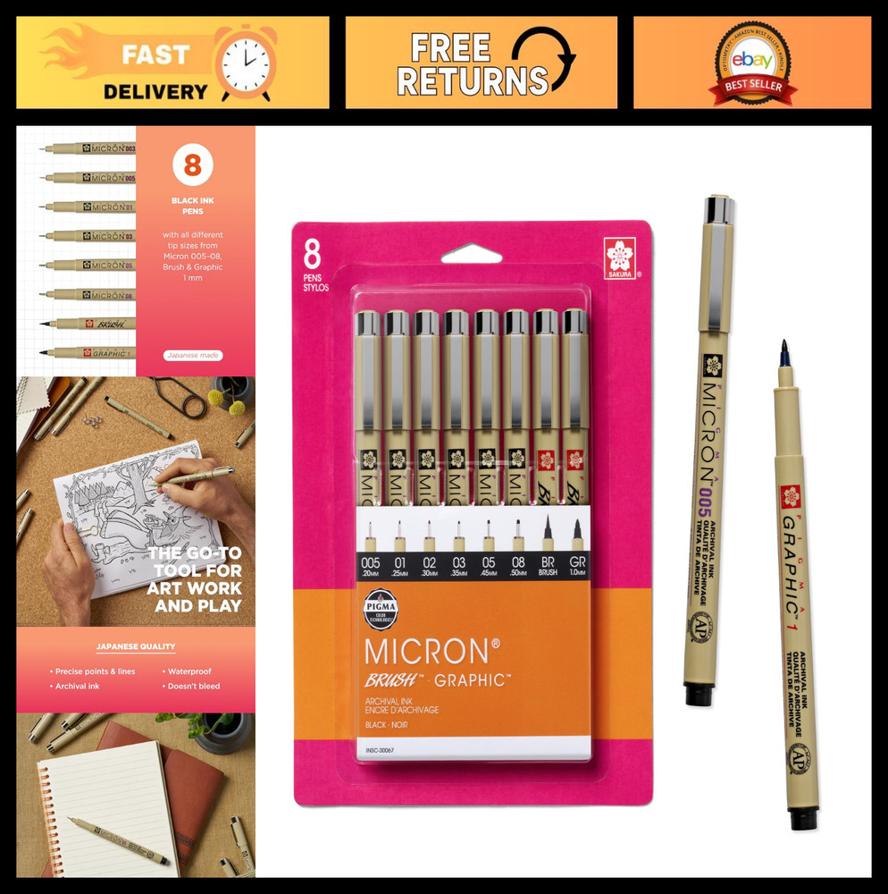 Fineline Pens Set – 8 Pack, Archival Black Ink, Graphic & Brush Markers, Art Sup