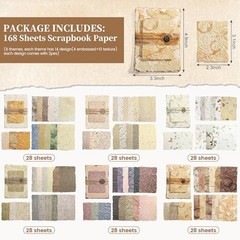 168 Pcs Textured Vintage Scrapbook Paper Kit with Washi Tape & Multicolor