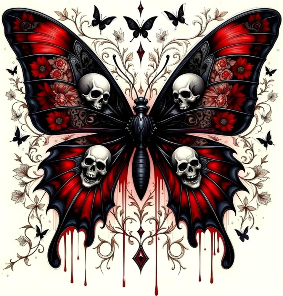 Black Butterfly w Skulls, Red Flowers on Wings 5D Diamond Full Drill Dot Gem Kit
