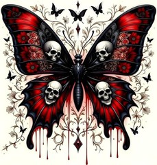 Black Butterfly w Skulls, Red Flowers on Wings 5D Diamond Full Drill Dot Gem Kit