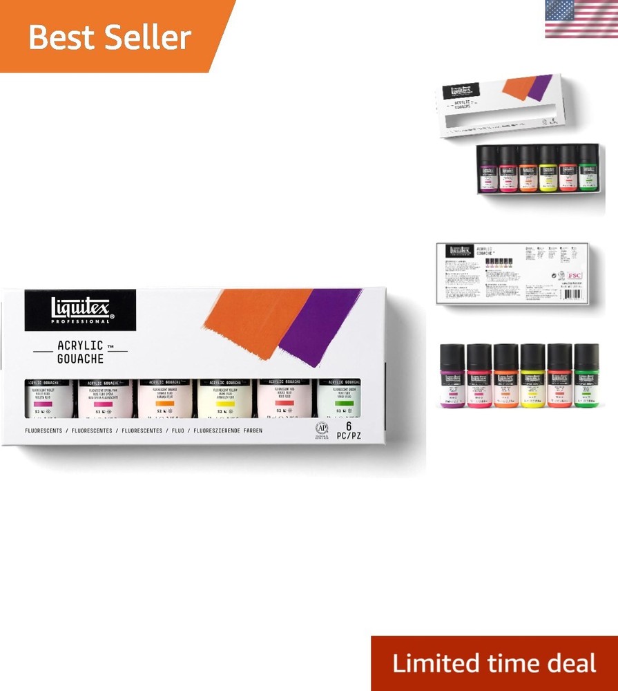 Professional Acrylic Gouache Paint, 6 x 59ml 2-oz, Fluorescents Set