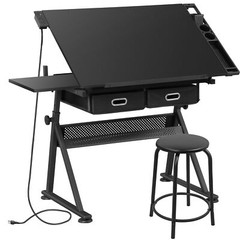 Adjustable Drafting Table Tilting Drawing Desk w/Charging Station & Stool Black