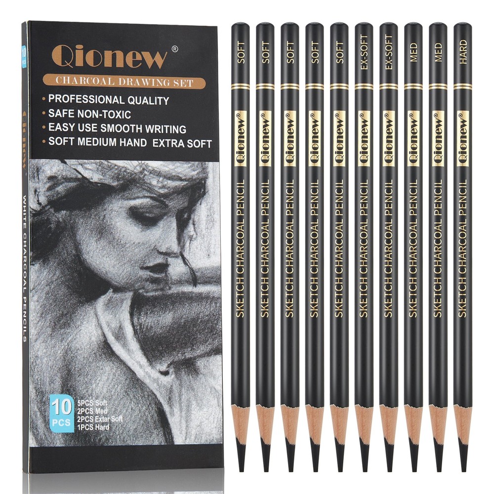 Professional Charcoal Pencils Drawing Set – 10 Pieces Super Soft, Soft, Mediu…