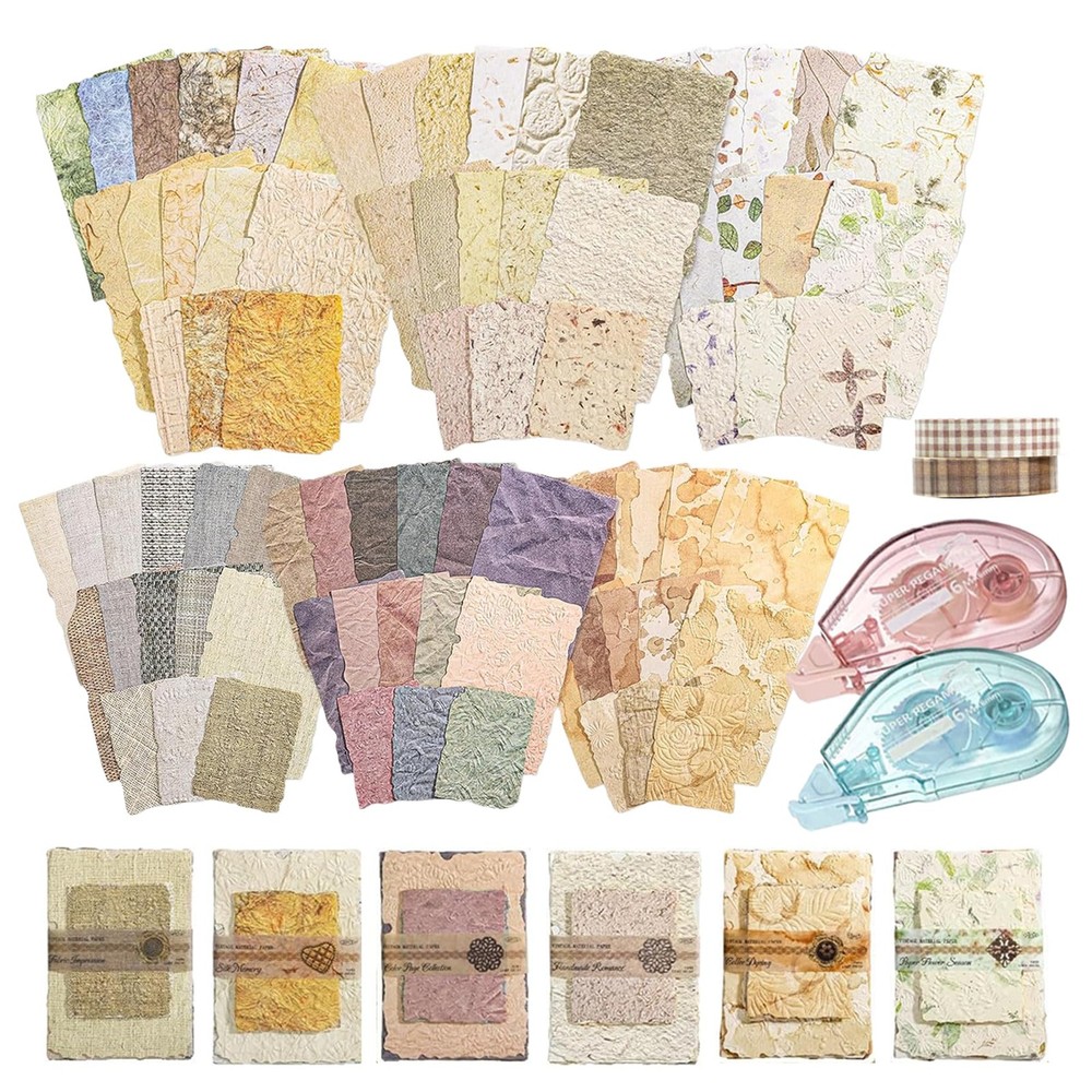 168 Pcs Textured Vintage Scrapbook Paper Kit with Washi Tape & Multicolor