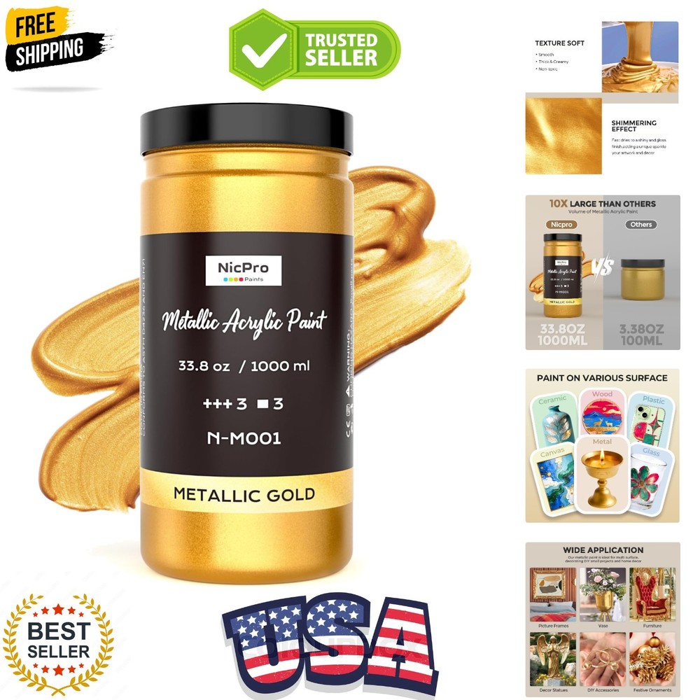 Acrylic Paint Metallic Gold, 33.8oz/1000ml Large Gold Leaf Paint, Non Toxic, …