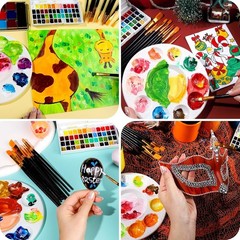 10 Paint Brushes & 3 Round Paint Palettes Set for Acrylic, Oil, Watercolor