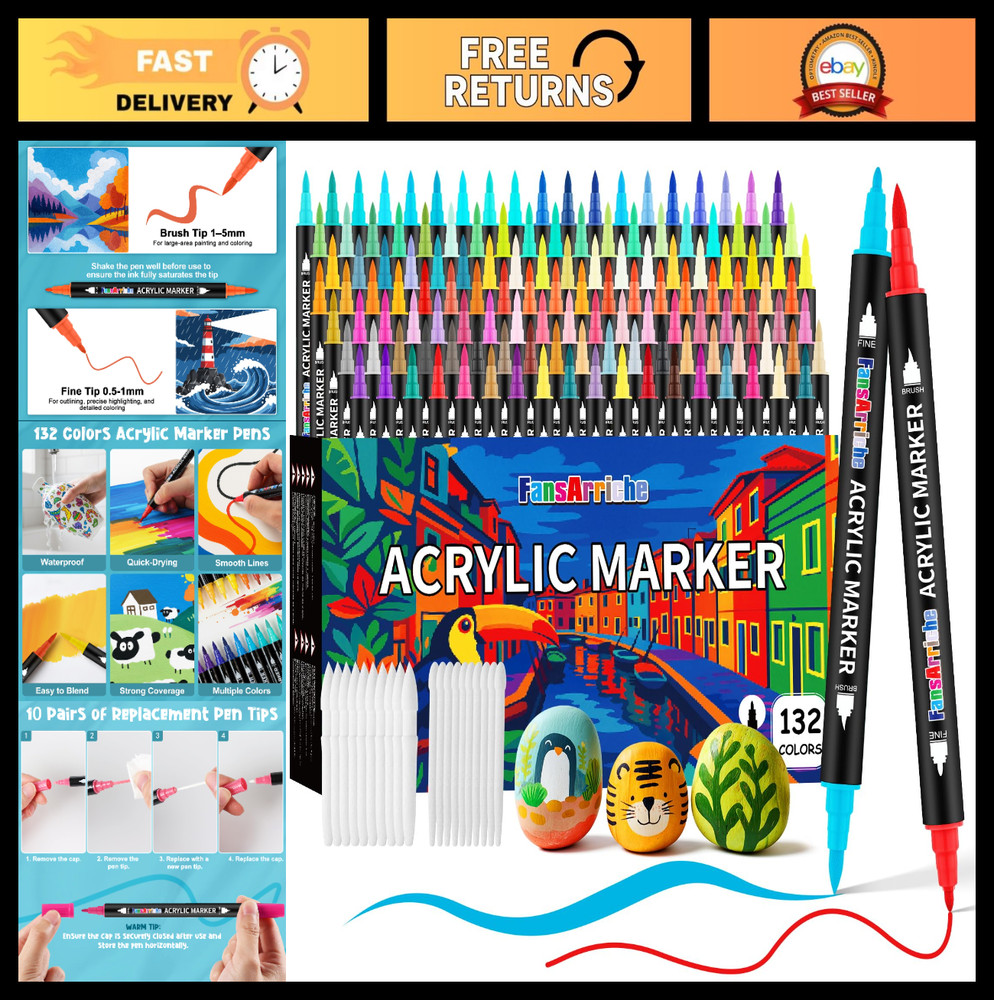 132 Colors Acrylic Paint Markers Set – Dual Tip Brush & Fine Point for DIY Art,