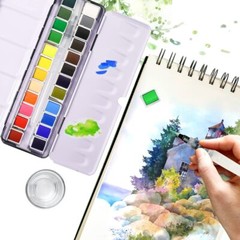 Watercolor Paint Set 24 Colors Premium Solid Half Pans Tin Box Water Brush