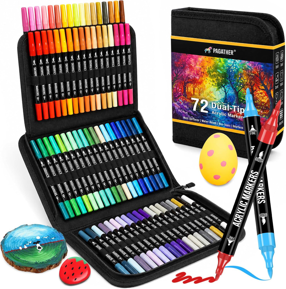 Pagather 72 Colors Acrylic Paint Markers, Dual Tip with Fine Tip and Brush Tip P