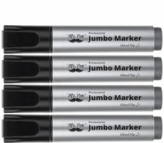 Jumbo Permanent Markers, 4 Pack, Chisel Tip, Black – Thick, Wide Tip, Large Size