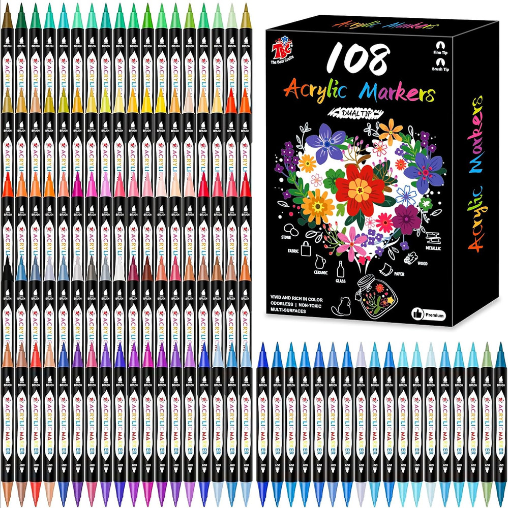 TBC The Best Crafts 108 Colors Dual Tip Acrylic Paint Markers,Waterproof, Non-To