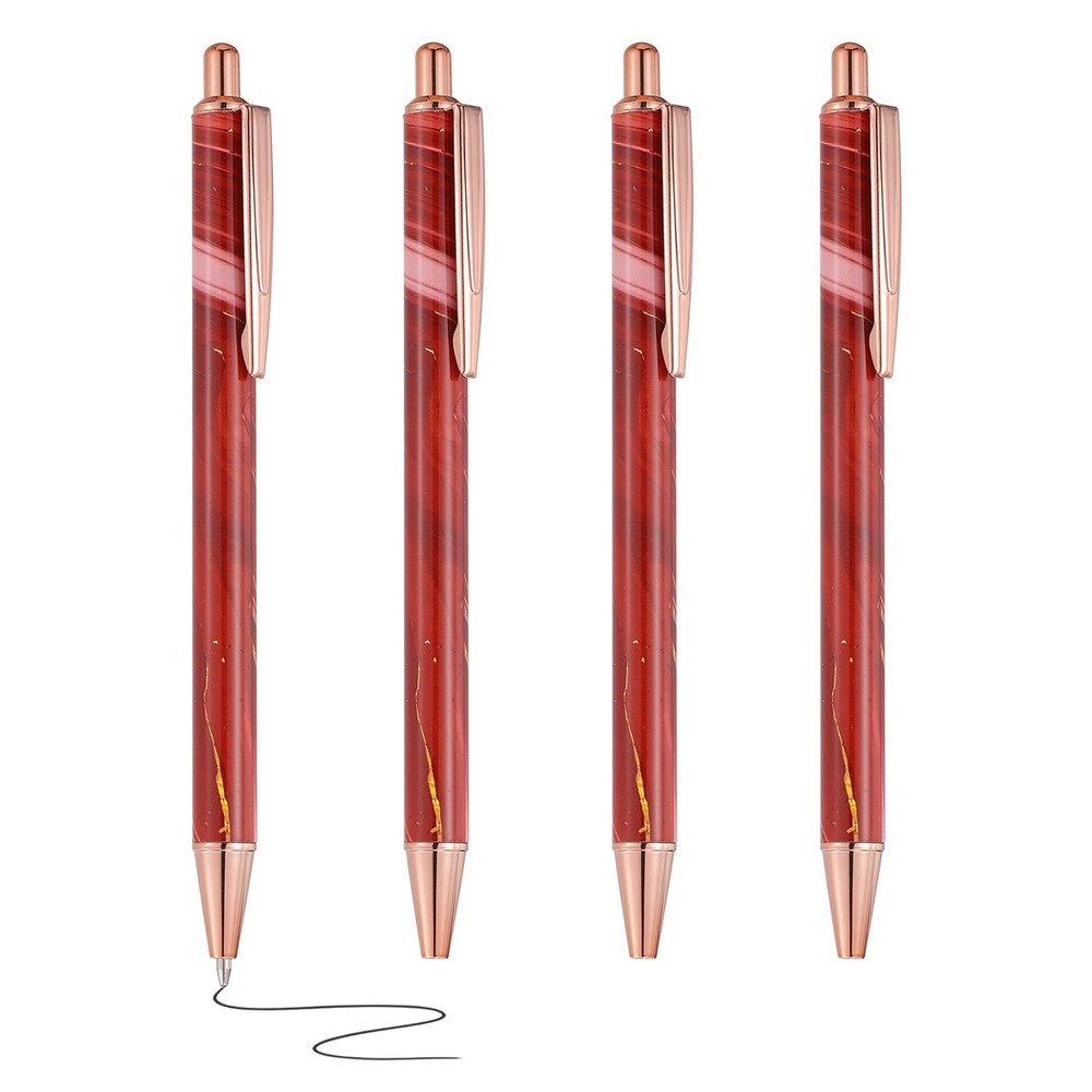 4 Pcs Metal Ballpoint Pens, Marble Retractable Black Ink Pen, Dark Red Casing