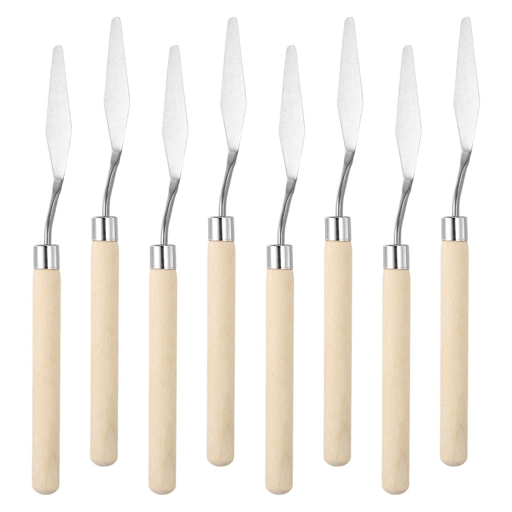 7.09″ 8Pcs Stainless Steel Palette Knife Birch Handle Point#3 Natural Wood Color