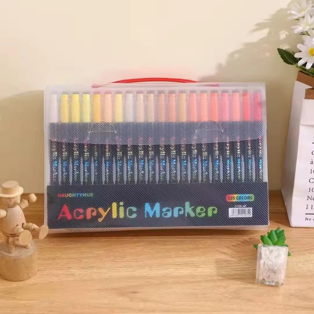 120 Color Acrylic Paint Markers Dual Tip Brush Fine Pens Art Set