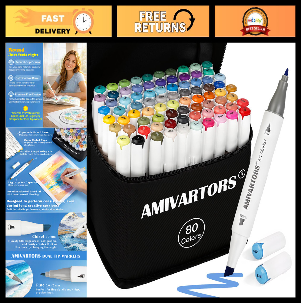 80 Colors Dual Tip Alcohol Markers Set – Chisel & Fine Tips, High Ink Capacity,