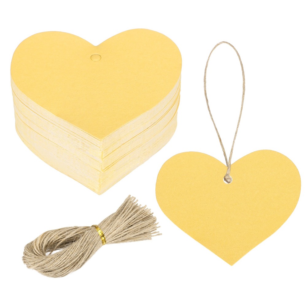 100Pcs Kraft Paper Gift Tags String 2.2 x 2.6 Inch Heart Shape Glittery Yellow