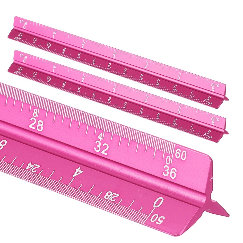 2Pcs 7 Inch Imperial Architectural Triangular Scale Ruler Large Scale Rose Red