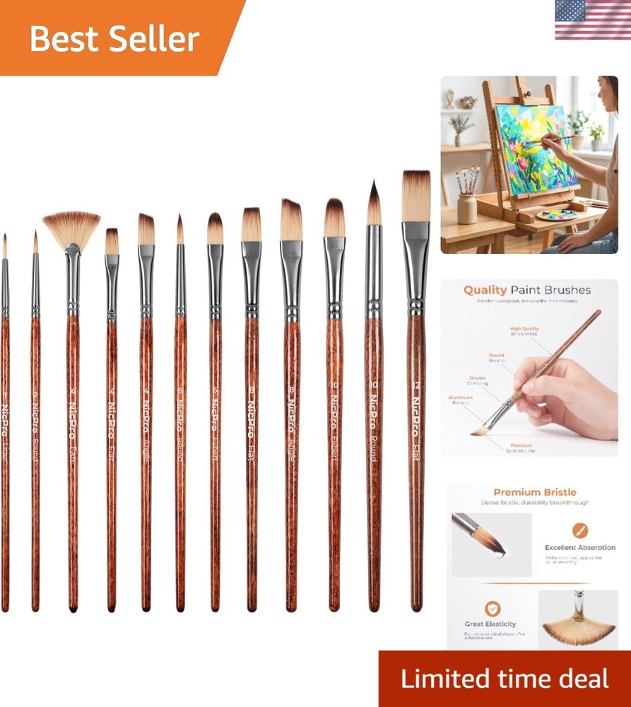 Comprehensive 12pcs Paint Brush Set – Flat, Round, Fan & More for Every Artist