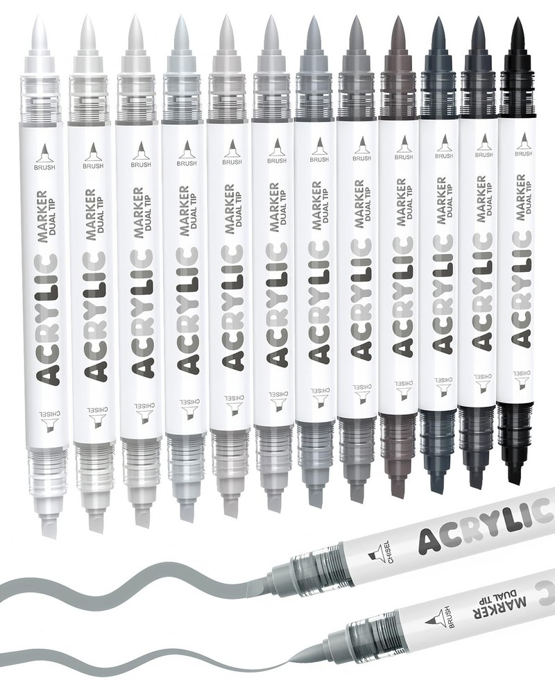 Guangna 12 Grey Dual Tip Acrylic Markers: Brush & Chisel for Multi-Surface Art