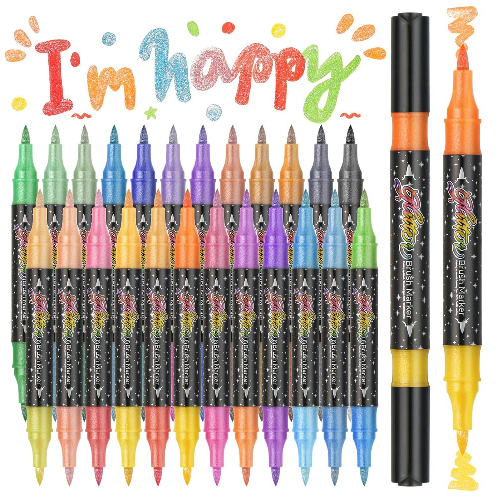 48 Colors Duo Glitter Brush Markers, 24 Pack Water-based Ink Glitter Pens, Me…
