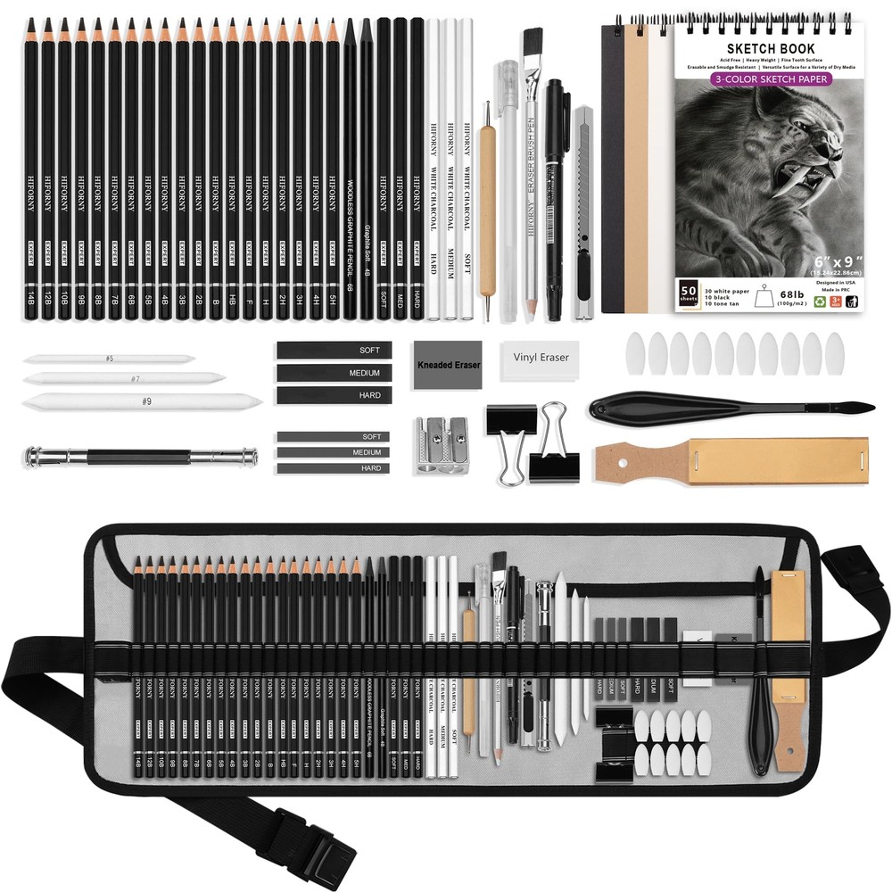 HIFORNY 60 Pcs Drawing Kit Sketching Pencils with Sketchbook for Artists